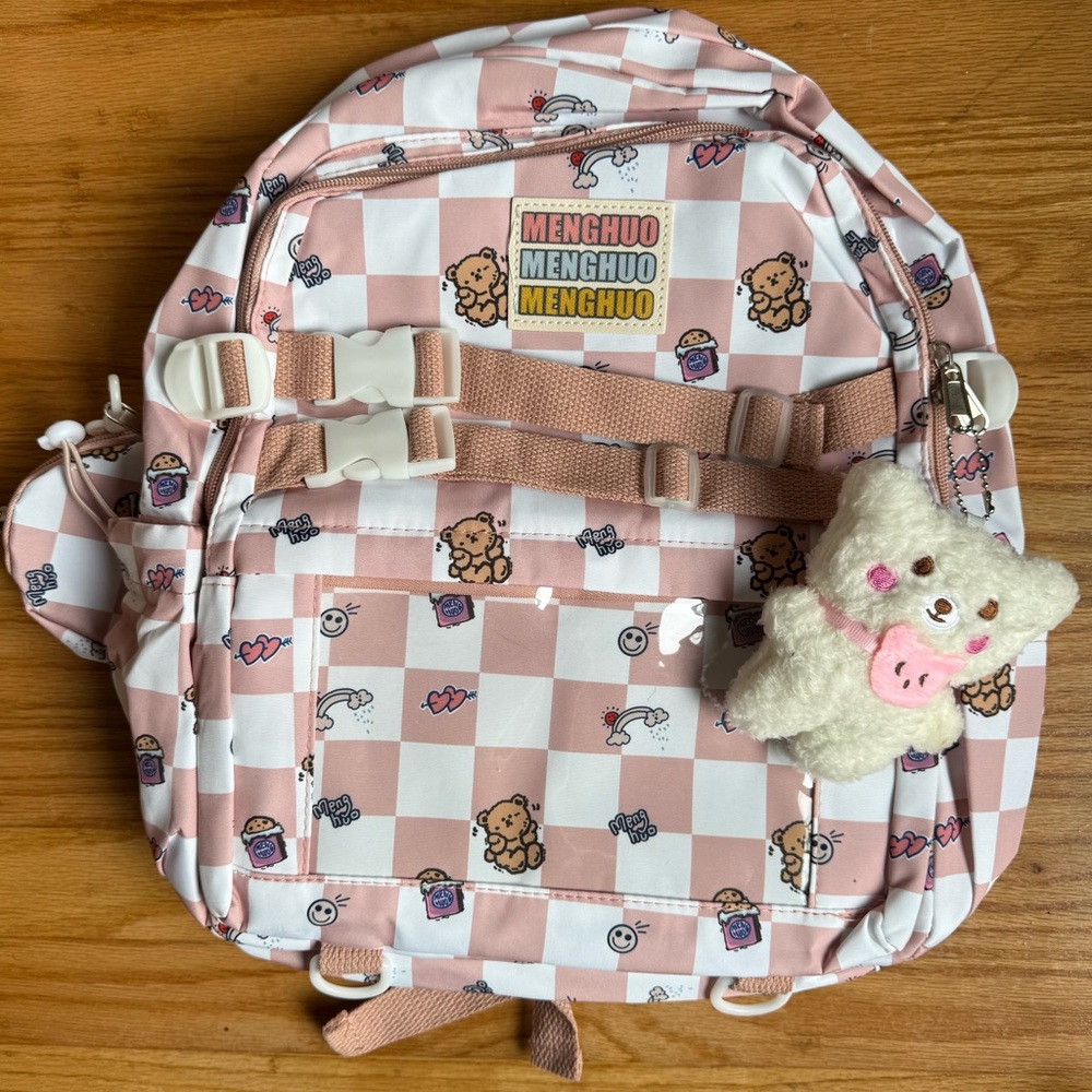MENGHUO Kawaii Pink Checkered Backpack with Bear Keychain